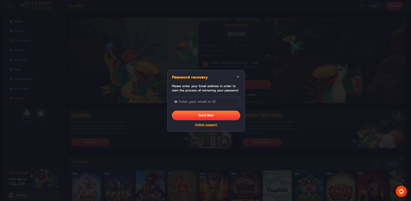 Flappy Casino Reset Password